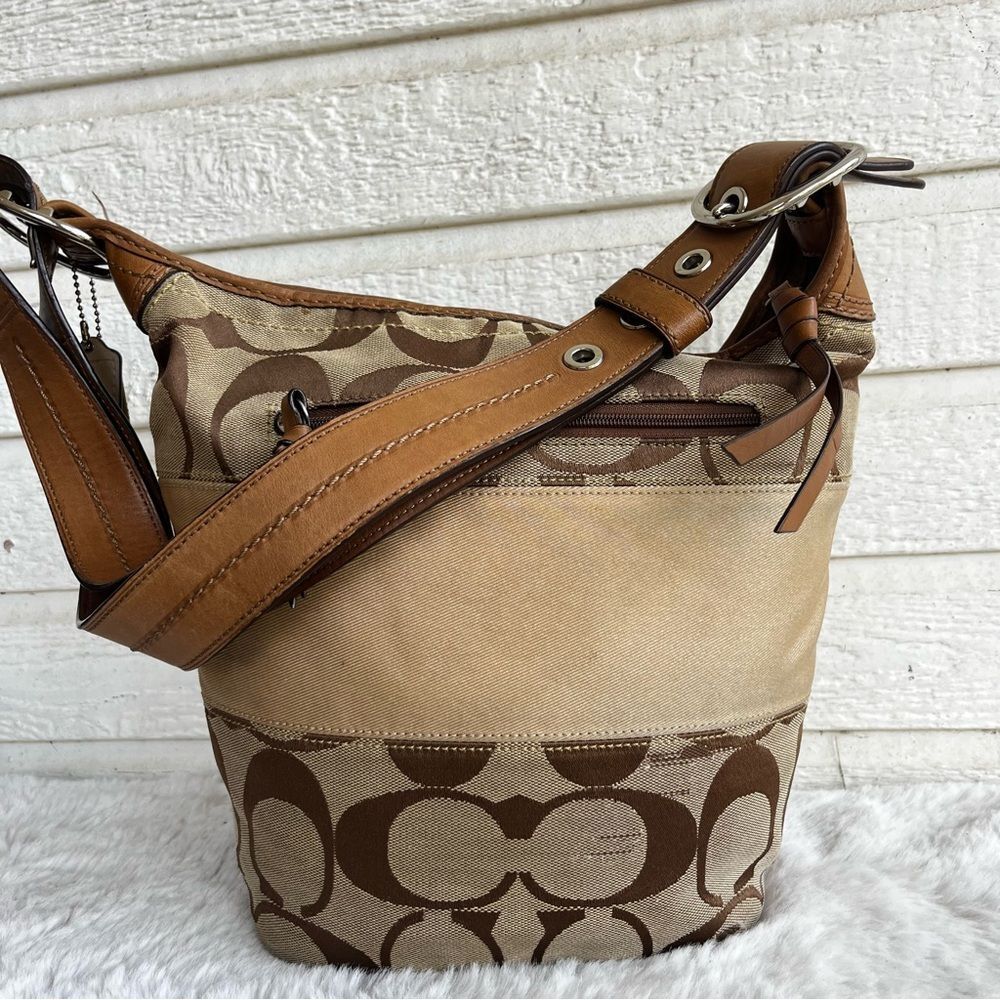 COACH Khaki Signature Stripe Bleecker Bucket Bag Shoulder Bag Crossbody 13362
